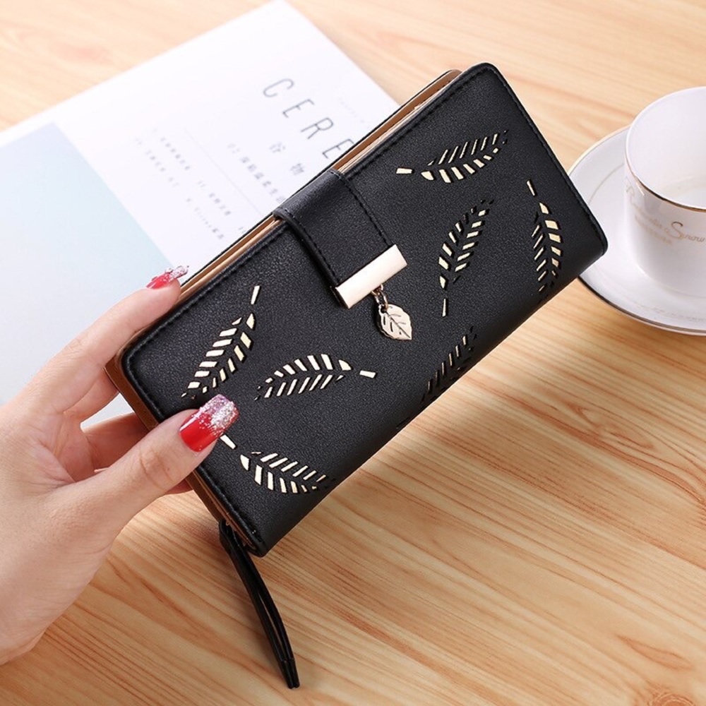 Black and Gold Leaf Vegan Leather Clutch Wallet